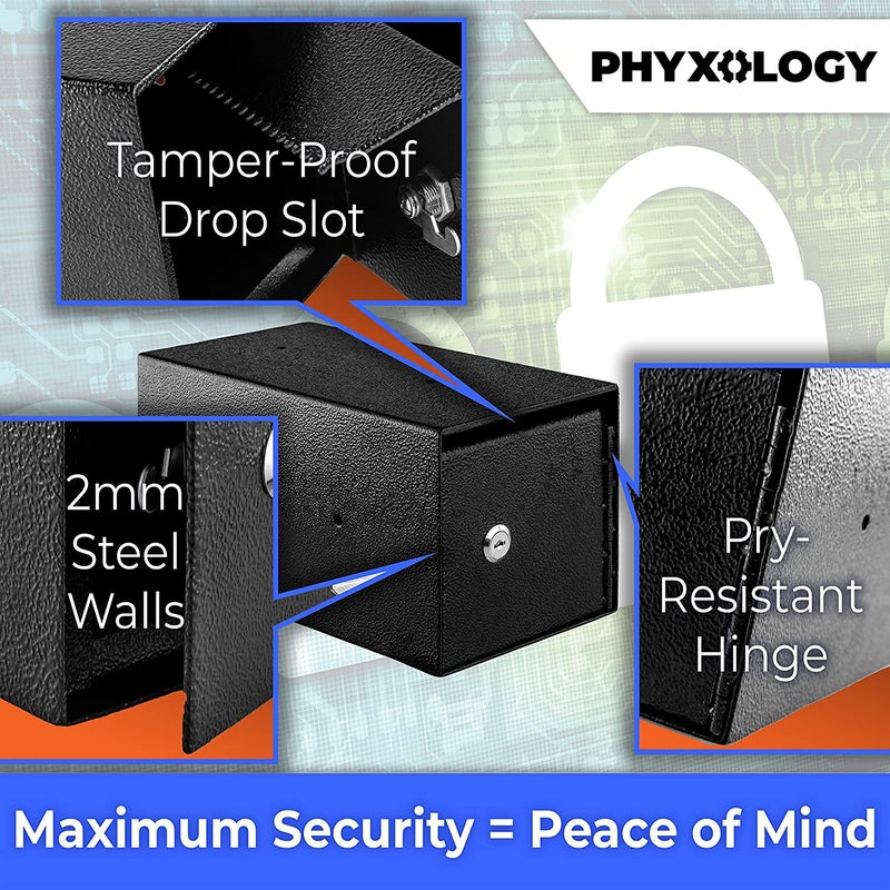 PHYXOLOGY SUPPLY صندوق إيداع النقود قابل للتركيب مع فتحة مقاومة للتلاعب. رائعة كمستودع رئيسي أو خزنة للودائع للفنادق والشقق أو متاجر التجزئة. فولاذ سميك وآمن للغاية وقفل للمفاتيح! مثقوبة مسبقًا لسهولة التركيب على الحائط! - Image 2